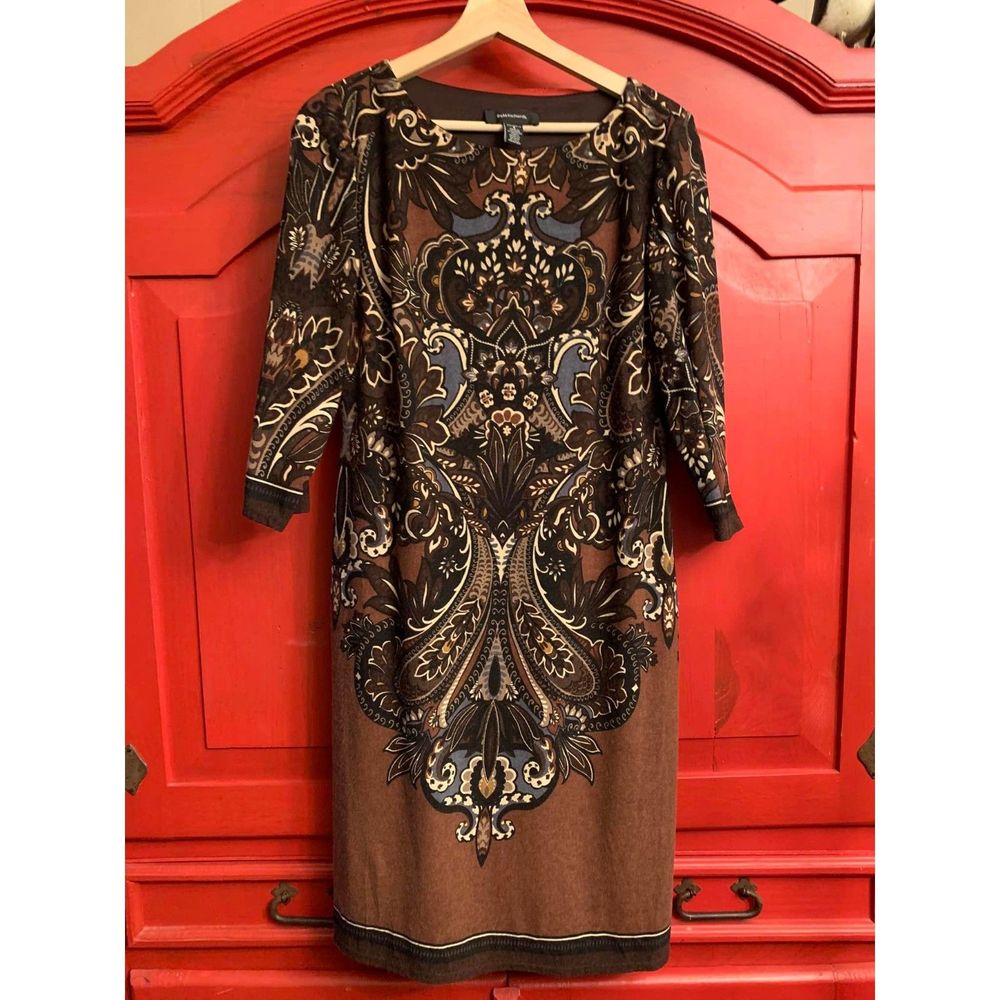 R & M Richards Size 8 Gorgeous Fall Dress Fully Lined All over Pattern Brown EUC